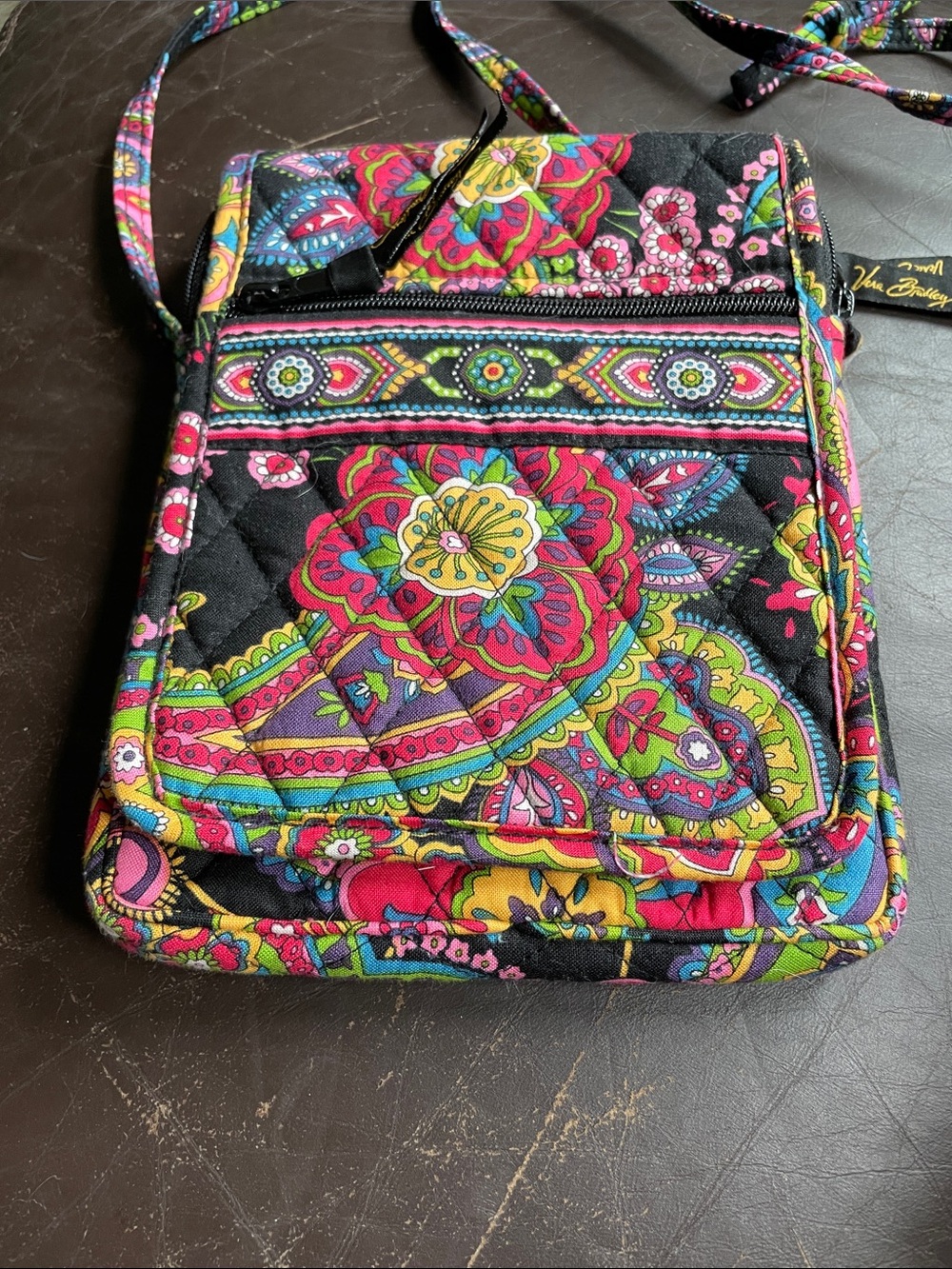 Vera Bradley Black Quilted Crossbody with Bright Paisley Print…Velcro